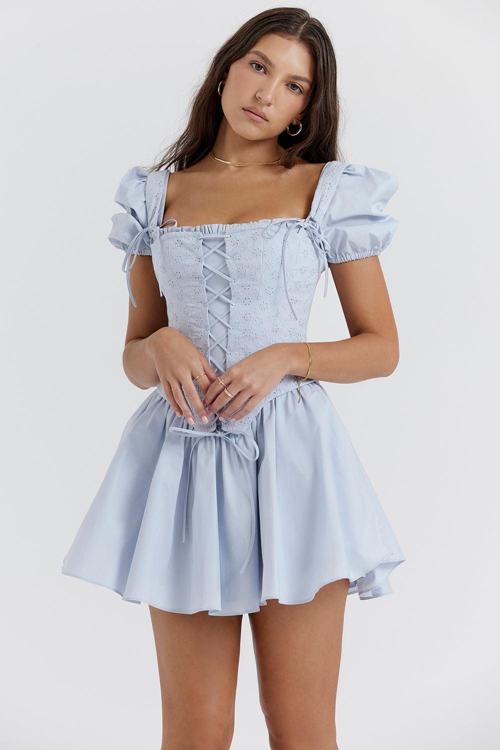 Azucena | Zachte blauwe broderie korset mini Jurk-Feest Jurken-Calora-XS-Calora