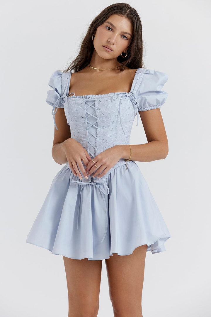 Azucena | Zachte blauwe broderie korset mini Jurk-Feest Jurken-Calora-XS-Calora