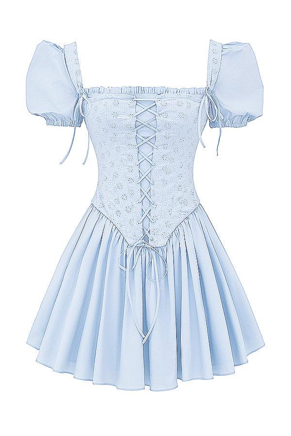 Azucena | Zachte blauwe broderie korset mini Jurk-Feest Jurken-Calora-XS-Calora