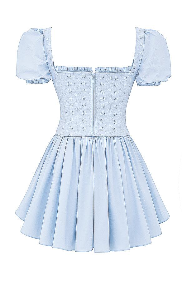 Azucena | Zachte blauwe broderie korset mini Jurk-Feest Jurken-Calora-XS-Calora