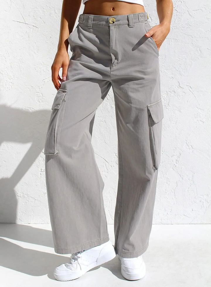 Baggy Katoenen Cargobroek met zakken-Wijde Broeken-Calora-Lichtgrijs-S-Calora