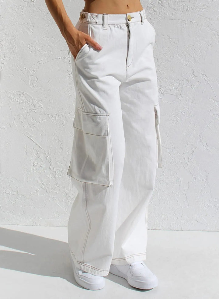 Baggy Katoenen Cargobroek met zakken-Wijde Broeken-Calora-Wit-S-Calora