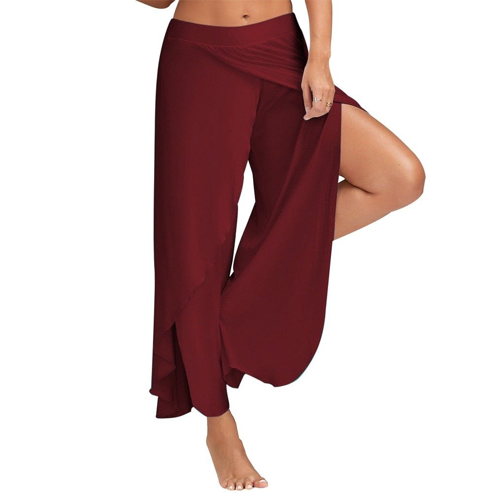 Beatrice | Hoge Yoga Broek-Wijde Broeken-Calora-Bordeaux rood-S-Calora