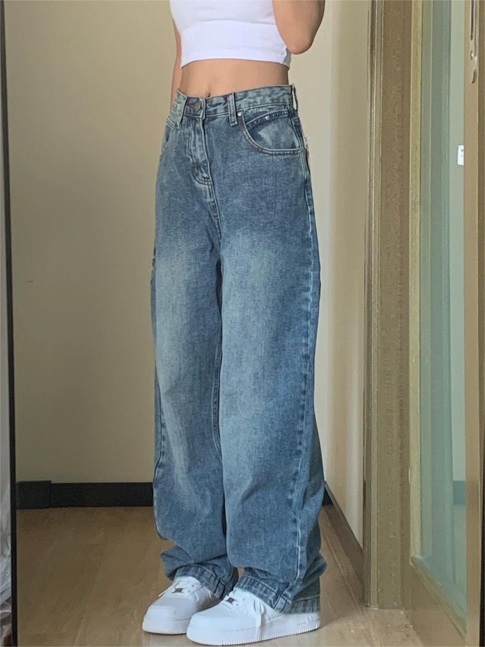 CALORA_ Blauwe Washed Effect Basic Boyfriend Jeans voor Casual Streetstijl