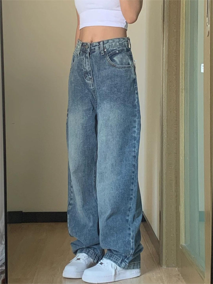 CALORA_ Blauwe Washed Effect Basic Boyfriend Jeans voor Casual Streetstijl