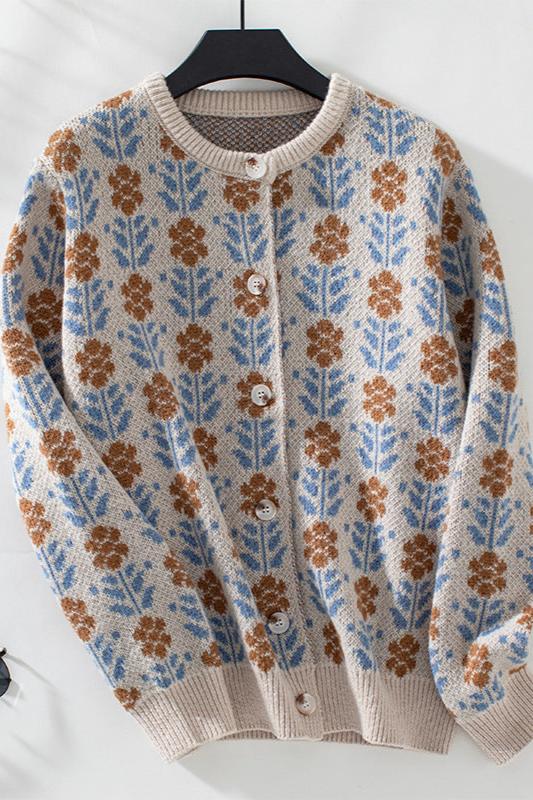 CALORA_ Bloemenpatroon Lange Mouwen Gehaakte Sweater Vest met Knopen
