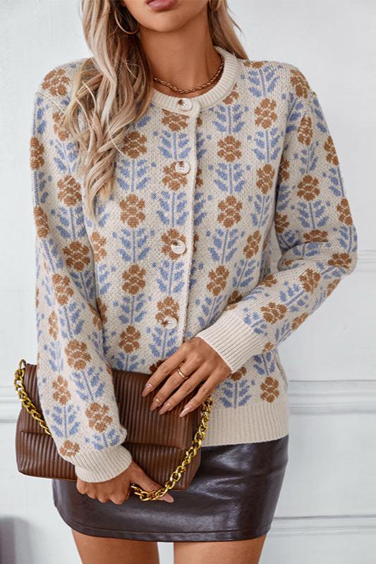 CALORA_ Bloemenpatroon Lange Mouwen Gehaakte Sweater Vest met Knopen