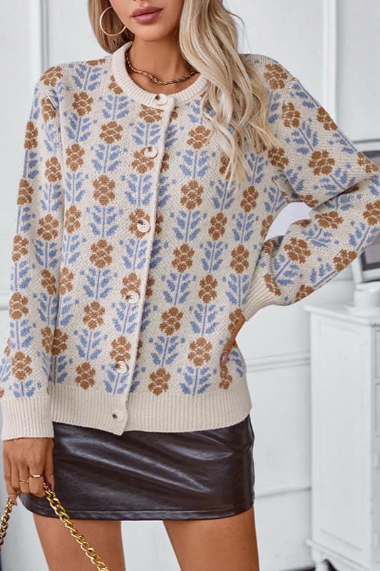 CALORA_ Bloemenpatroon Lange Mouwen Gehaakte Sweater Vest met Knopen