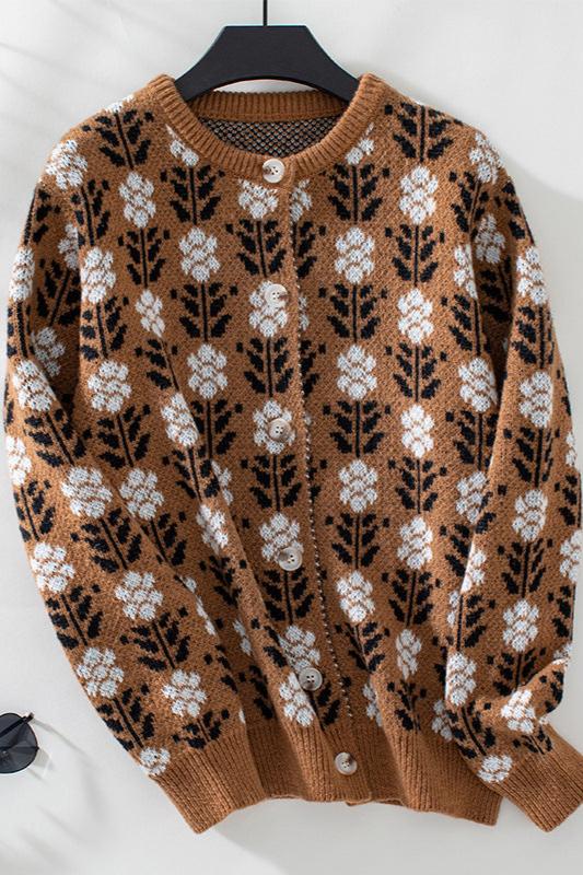 CALORA_ Bloemenpatroon Lange Mouwen Gehaakte Sweater Vest met Knopen