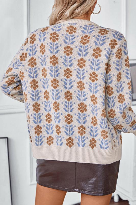 CALORA_ Bloemenpatroon Lange Mouwen Gehaakte Sweater Vest met Knopen