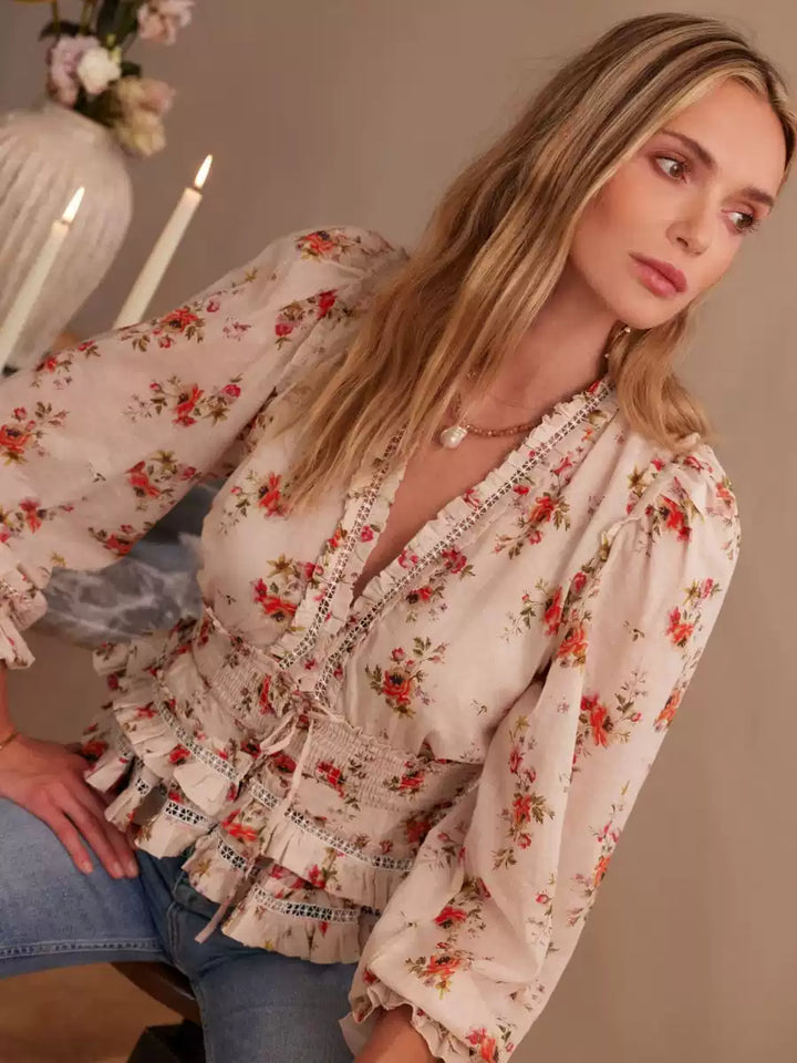 CALORA_ Boho Bloemige Blouse met Kant en Verstelbare Tailleband