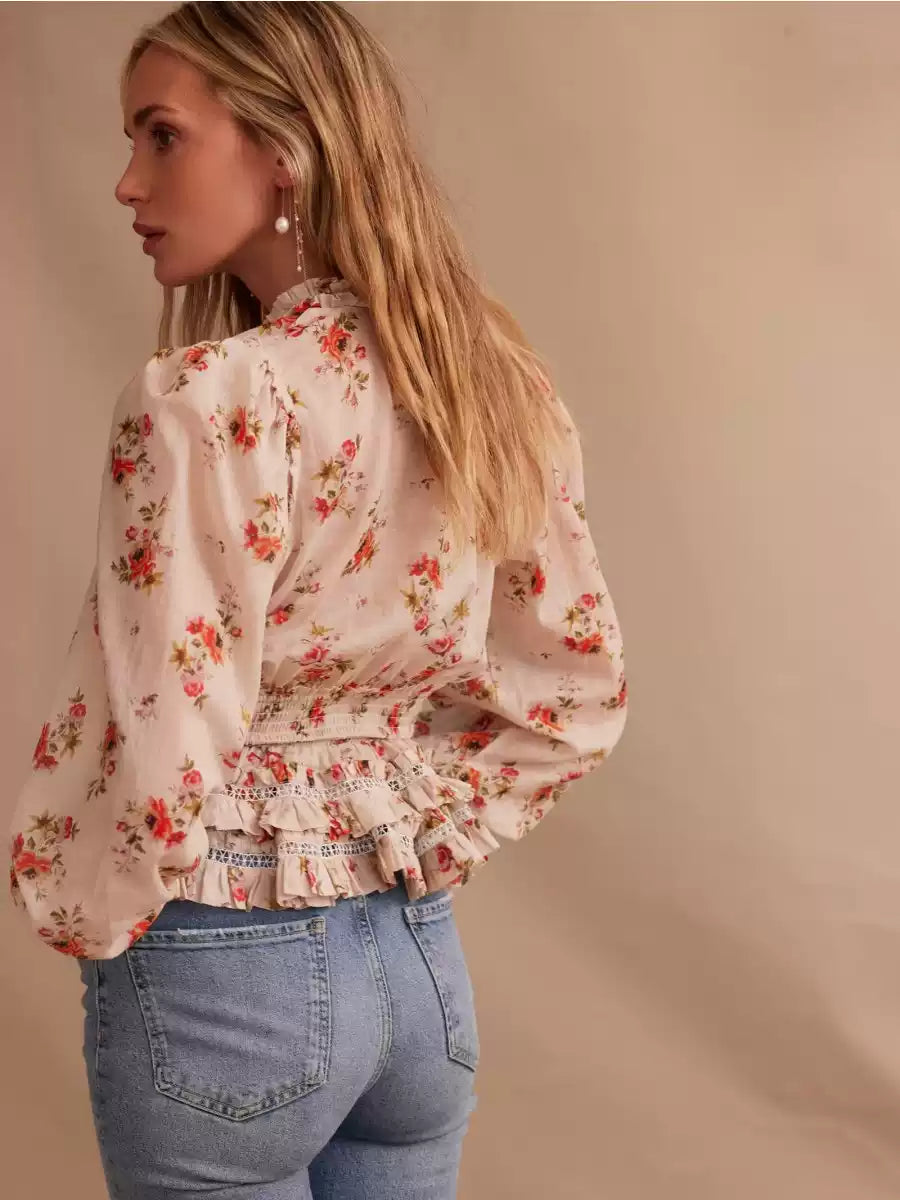 CALORA_ Boho Bloemige Blouse met Kant en Verstelbare Tailleband