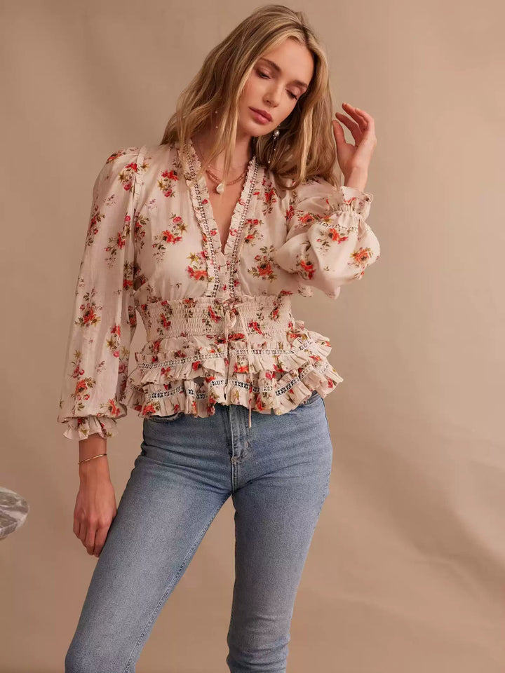 CALORA_ Boho Bloemige Blouse met Kant en Verstelbare Tailleband