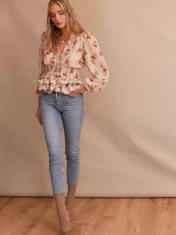 CALORA_ Boho Bloemige Blouse met Kant en Verstelbare Tailleband
