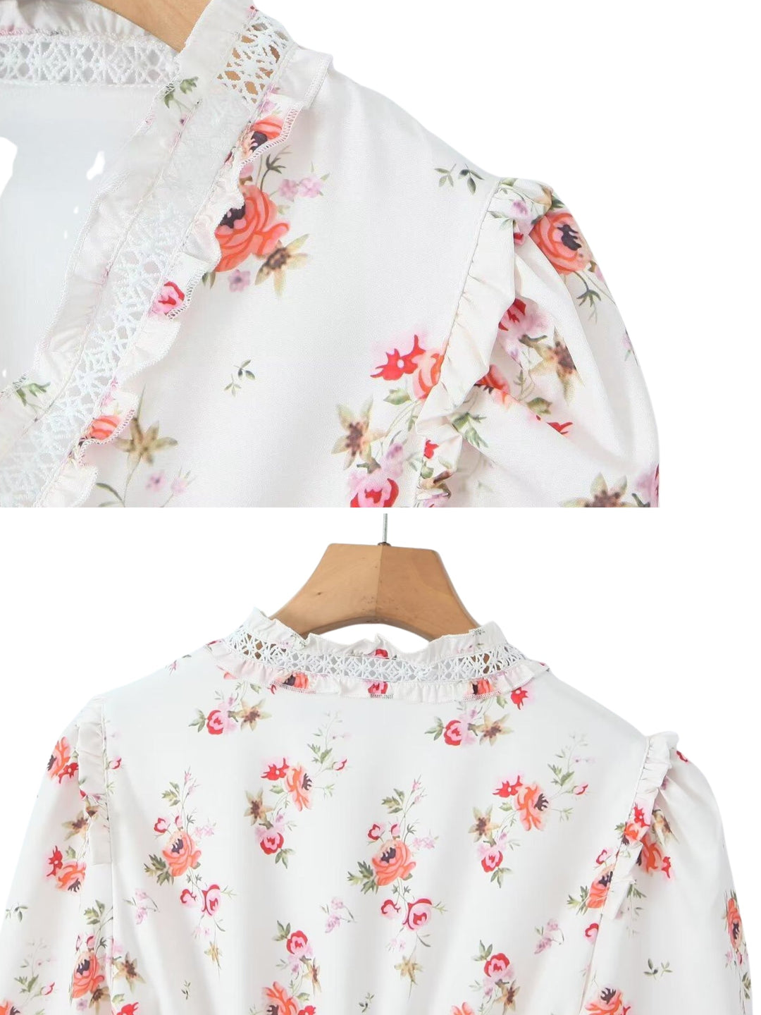 CALORA_ Boho Bloemige Blouse met Kant en Verstelbare Tailleband