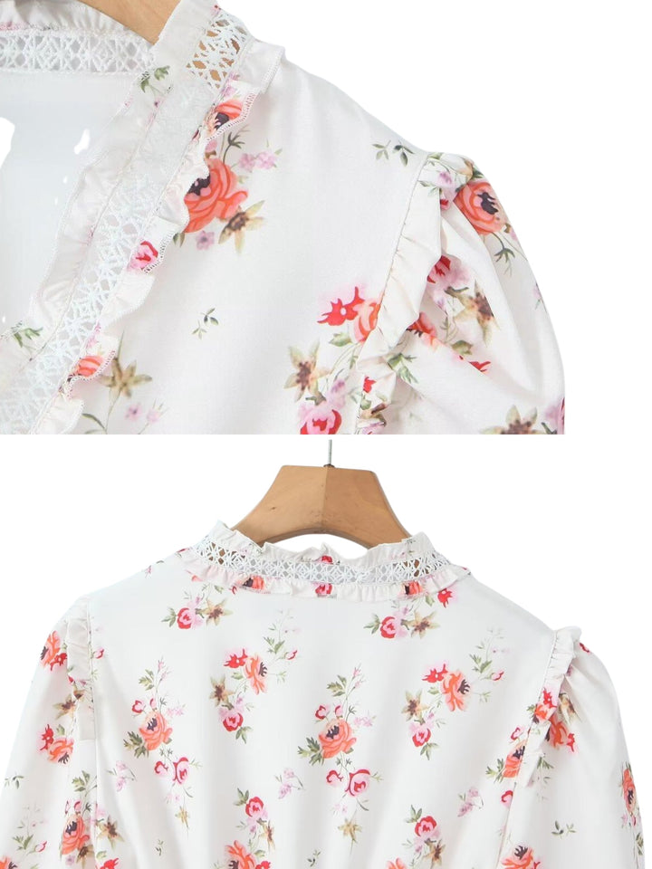 CALORA_ Boho Bloemige Blouse met Kant en Verstelbare Tailleband