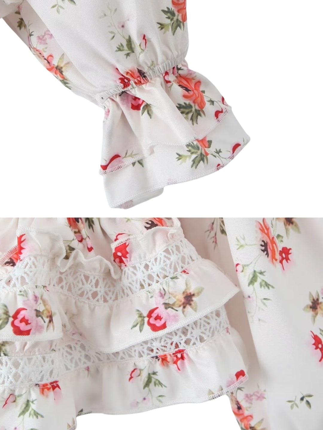 CALORA_ Boho Bloemige Blouse met Kant en Verstelbare Tailleband