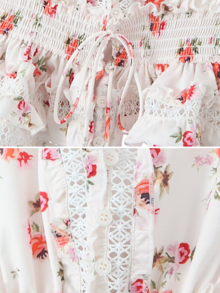 CALORA_ Boho Bloemige Blouse met Kant en Verstelbare Tailleband