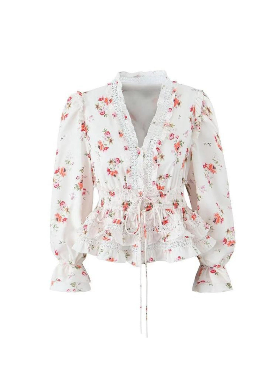 CALORA_ Boho Bloemige Blouse met Kant en Verstelbare Tailleband
