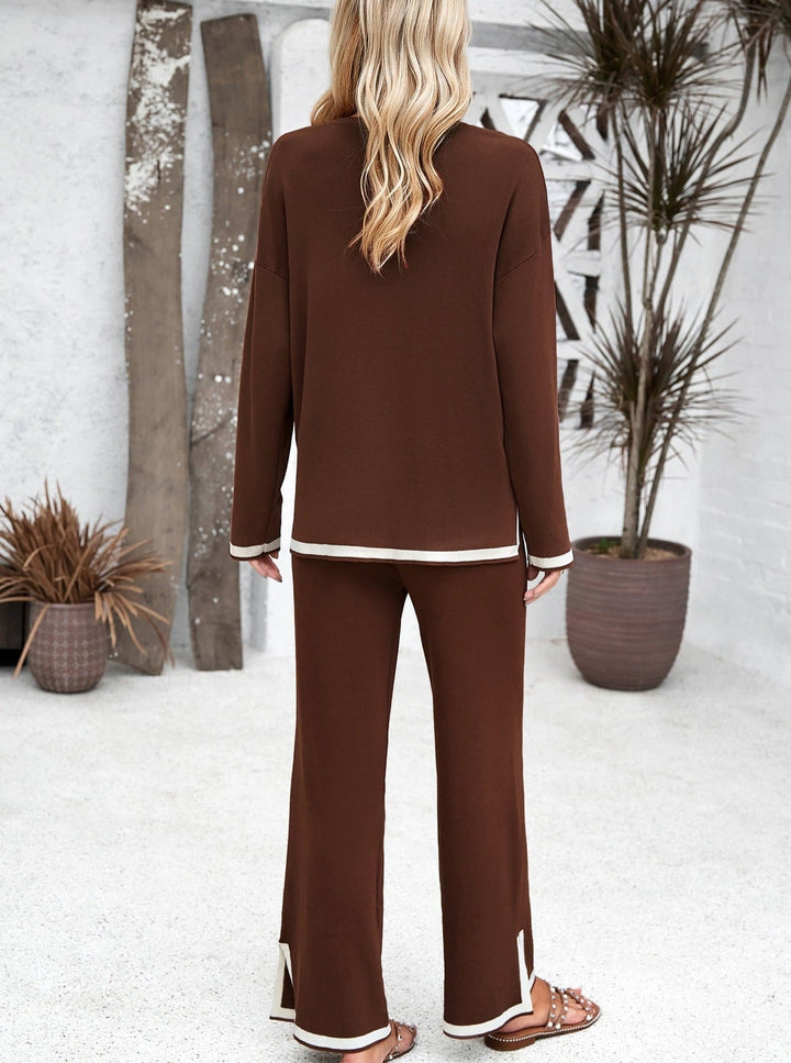 Bruin langmouwoverhemd en kleine split lange broek gebreid pak-Sets & Pakken-Calora-S-Calora