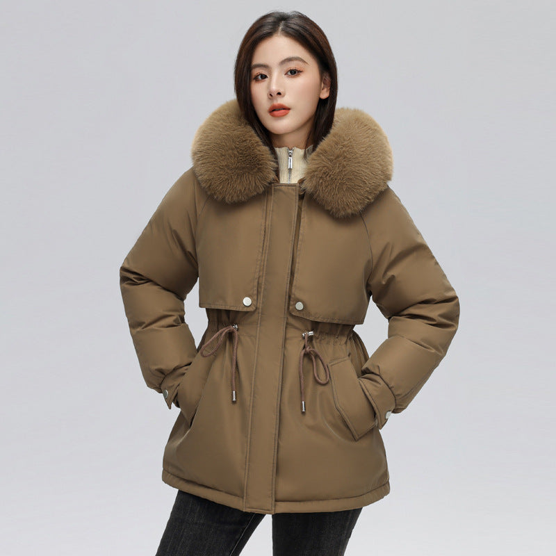 Camille | Winterjas met trekkoord in de taille en bontkraag-Zomer Jassen-Calora-Bruin-M-Calora