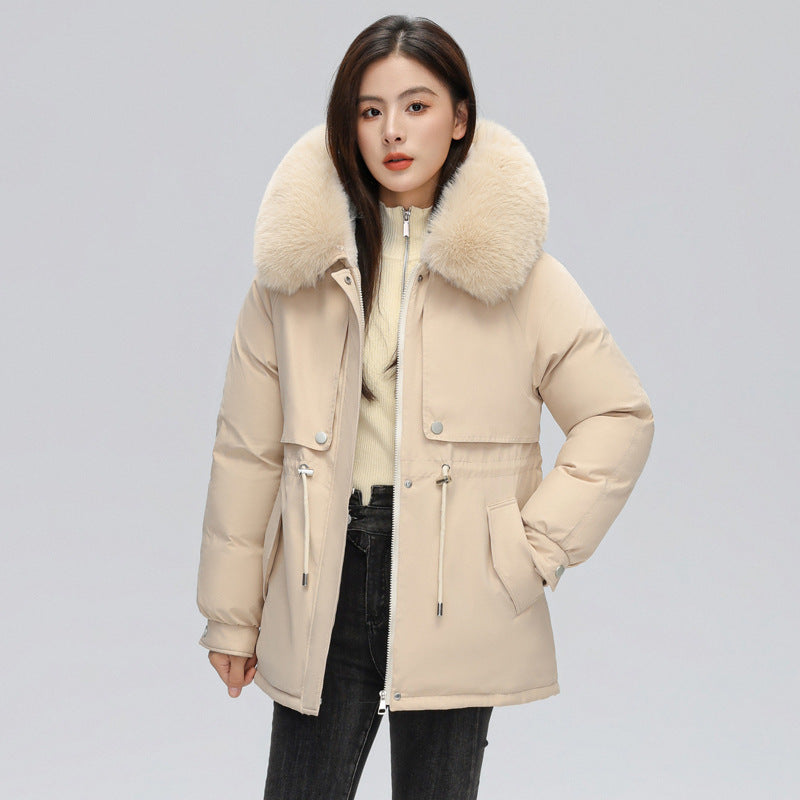 Camille | Winterjas met trekkoord in de taille en bontkraag-Zomer Jassen-Calora-Khaki-M-Calora