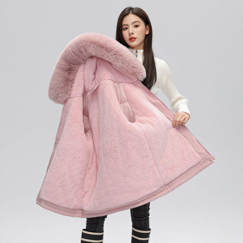 Camille | Winterjas met trekkoord in de taille en bontkraag-Zomer Jassen-Calora-Roze-M-Calora