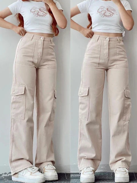 Cargo Broek met 3D zakken voor dames-Wijde Broeken-Calora-Beige-S-Calora
