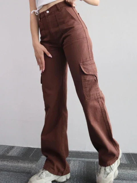 Cargo Broek met 3D zakken voor dames-Wijde Broeken-Calora-Bruin-S-Calora