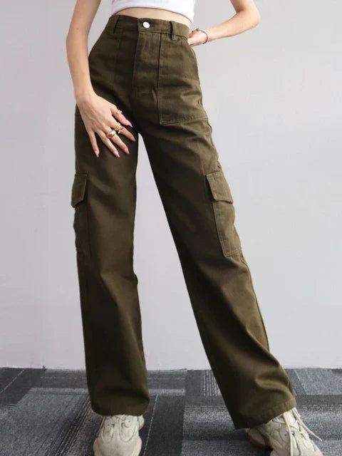 Cargo Broek met 3D zakken voor dames-Wijde Broeken-Calora-Donkergroen-S-Calora