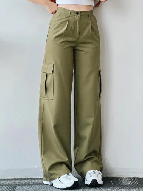 Cargo Broek met 3D zakken voor dames-Wijde Broeken-Calora-Groen-S-Calora