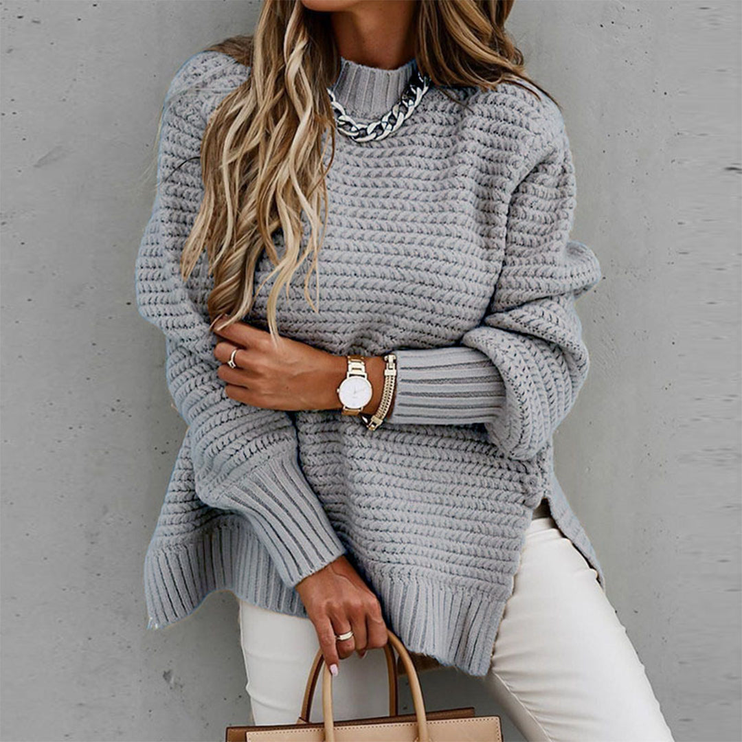 Casual dames trui met lange mouwen en wafelmotief en zijsplitten-Blazers & Vesten-Calora-Grijs-S-Calora