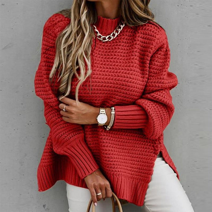Casual dames trui met lange mouwen en wafelmotief en zijsplitten-Blazers & Vesten-Calora-Rood-S-Calora