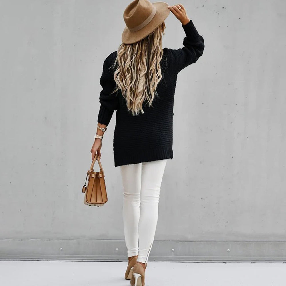 Casual dames trui met lange mouwen en wafelmotief en zijsplitten-Blazers & Vesten-Calora-Zwart-S-Calora