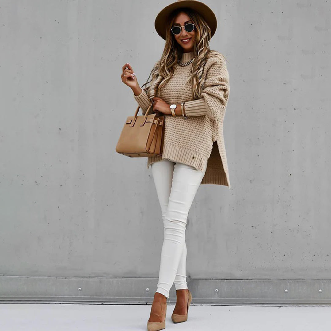 Casual dames trui met lange mouwen en wafelmotief en zijsplitten-Blazers & Vesten-Calora-Zwart-S-Calora