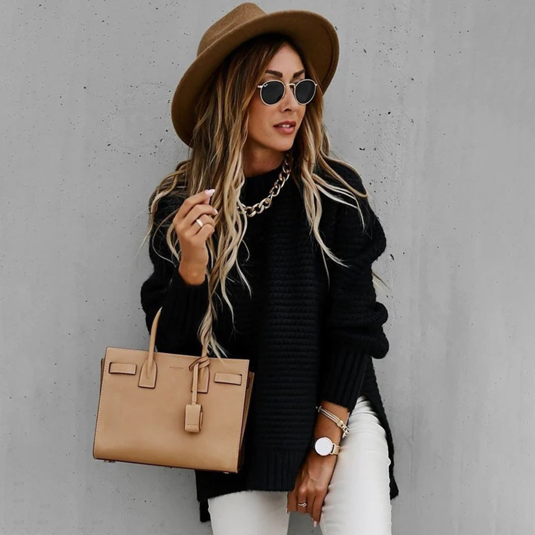 Casual dames trui met lange mouwen en wafelmotief en zijsplitten-Blazers & Vesten-Calora-Zwart-S-Calora