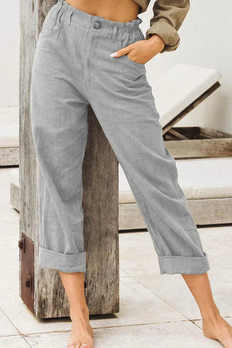 Casual en stijlvolle broek met omgeslagen pijpen-Wijde Broeken-Calora-Grijs-S-Calora