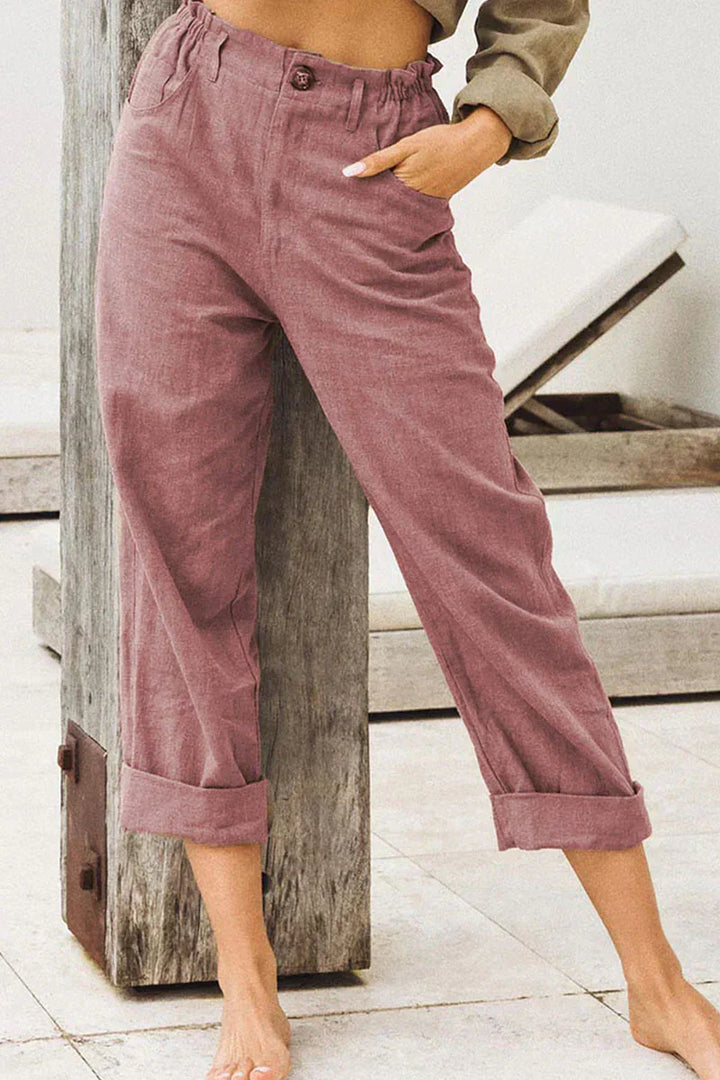 Casual en stijlvolle broek met omgeslagen pijpen-Wijde Broeken-Calora-Rood-S-Calora