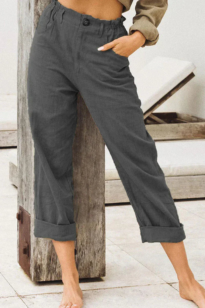 Casual en stijlvolle broek met omgeslagen pijpen-Wijde Broeken-Calora-Zwart-S-Calora