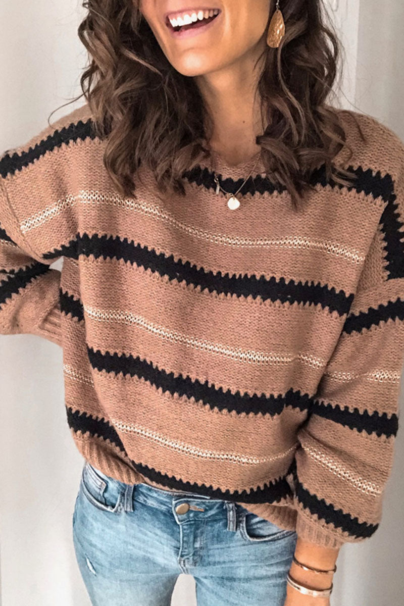 Casual gestreepte truien met ronde hals-Blazers & Vesten-Calora-Khaki-S-Calora