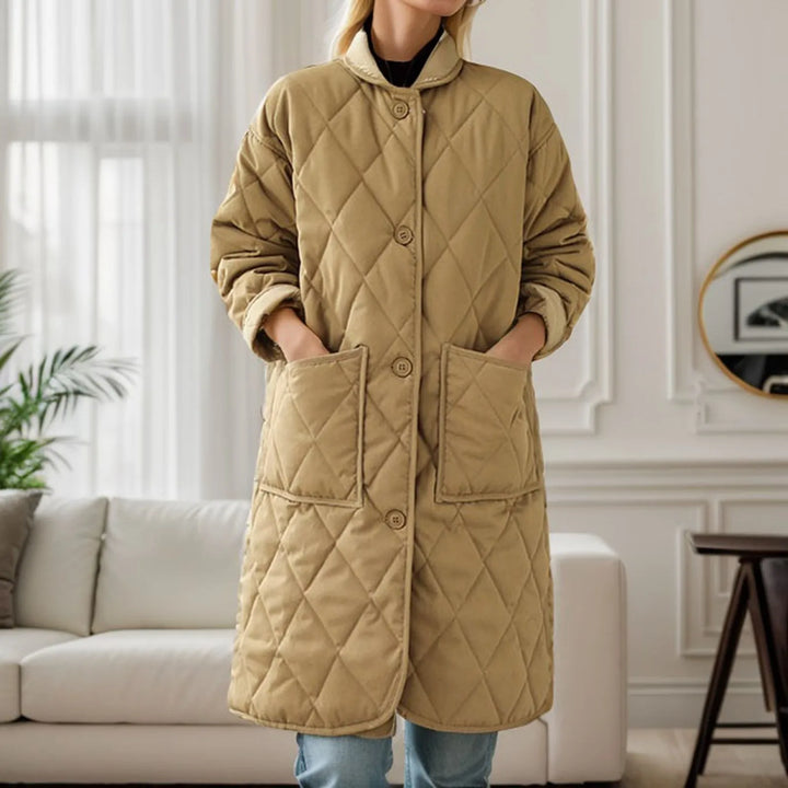 Casual gewatteerde, middellange katoenen winterjas voor dames-Zomer Jassen-Calora-Khaki-S-Calora