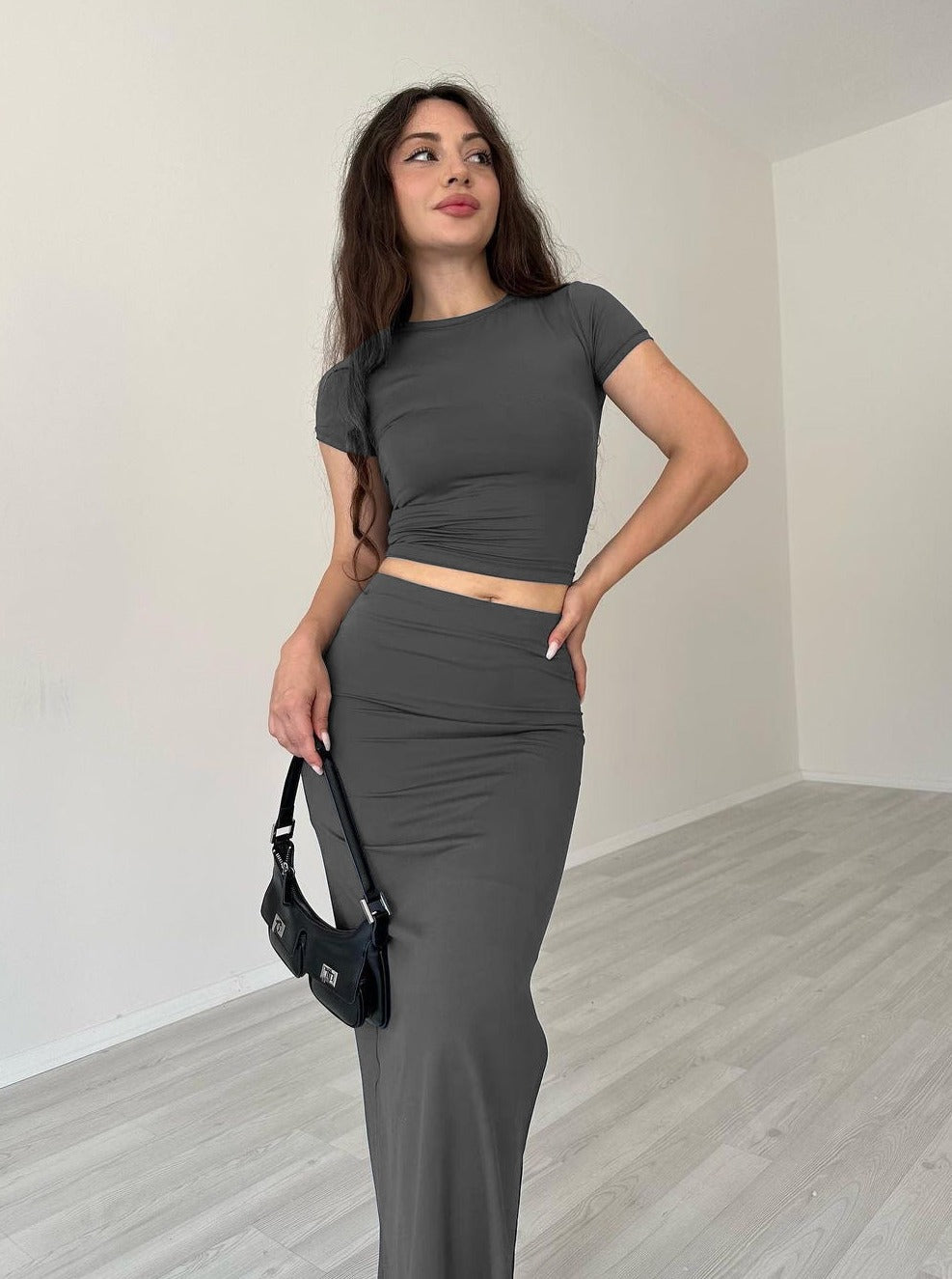 Casual grijze ronde hals crop top en rok set-Sets & Pakken-Calora-S-Calora