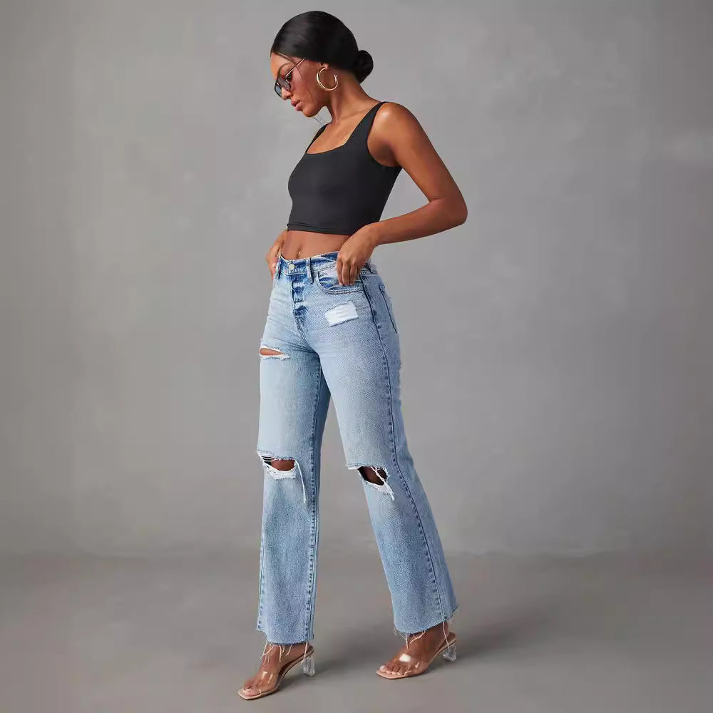 CALORA_ Casual Hoge Taille Jeans met gaten