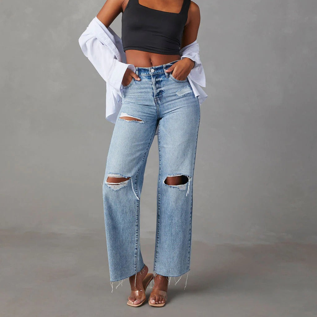 CALORA_ Casual Hoge Taille Jeans met gaten