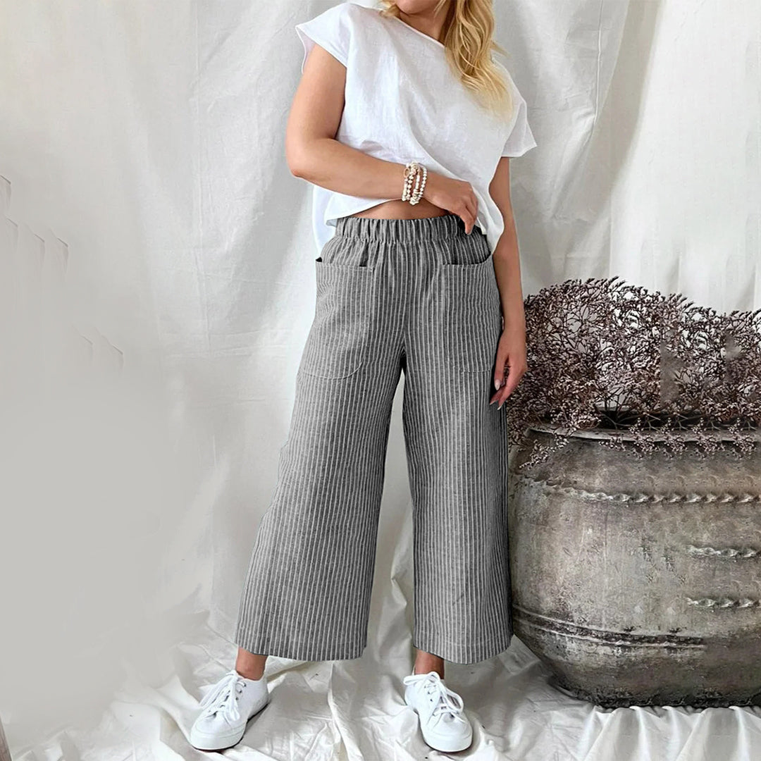 Casual Katoenen Joggingsbroek met Strepen en Ruime Zakken-Joggingsbroek-Calora-Donkergrijs-S-Calora