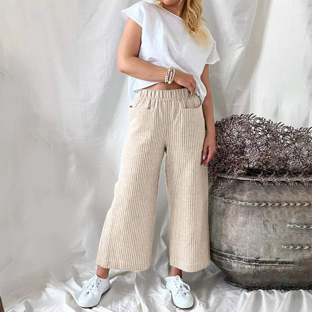 Casual Katoenen Joggingsbroek met Strepen en Ruime Zakken-Joggingsbroek-Calora-Khaki-S-Calora