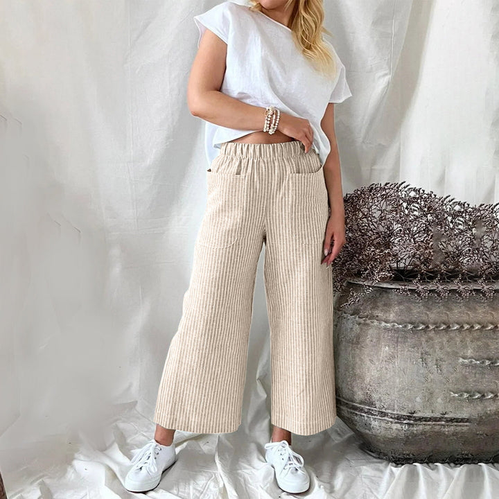 Casual Katoenen Joggingsbroek met Strepen en Ruime Zakken-Joggingsbroek-Calora-Khaki-S-Calora