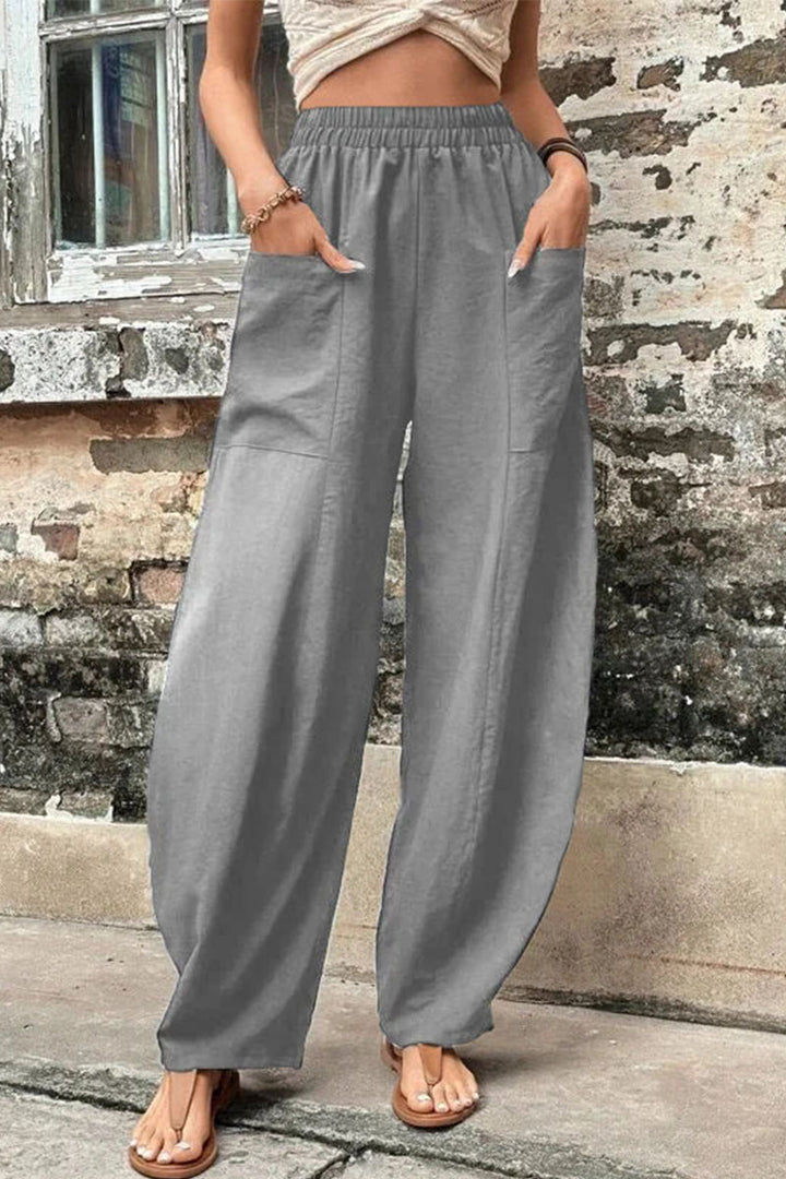 Casual losse broek met hoge taille en zakken-Wijde Broeken-Calora-Grijs-S-Calora