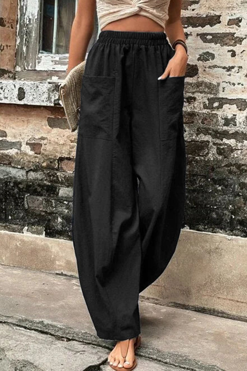 Casual losse broek met hoge taille en zakken-Wijde Broeken-Calora-Zwart-S-Calora
