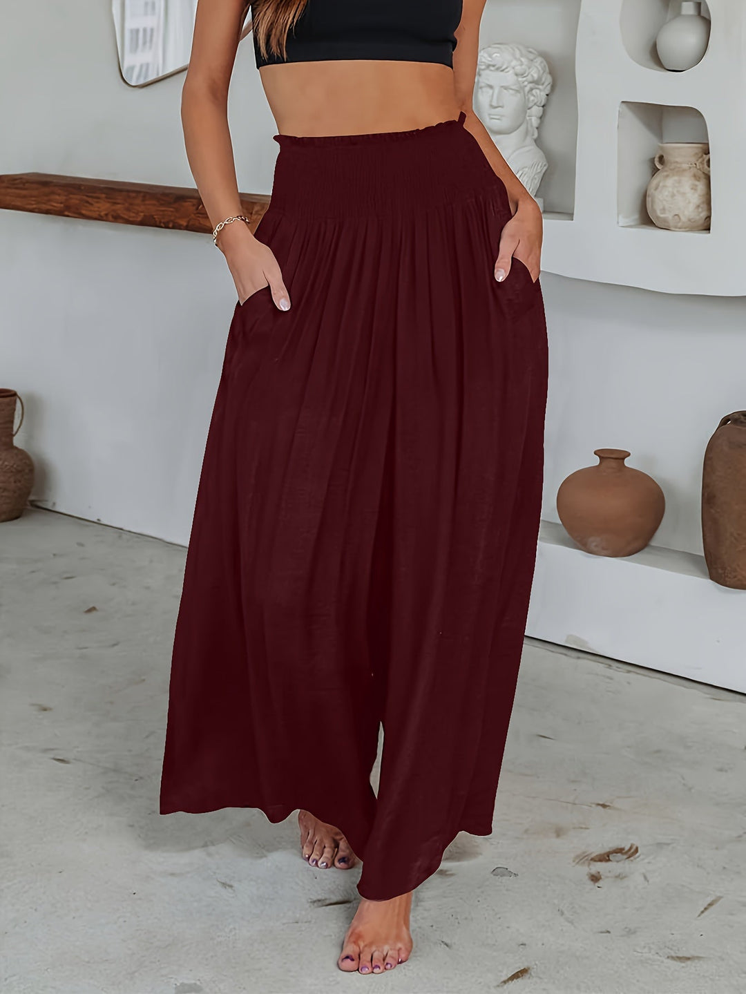 Casual Losse Broek met Wijde Pijpen-Wijde Broeken-Calora-Bourgondië-S-Calora